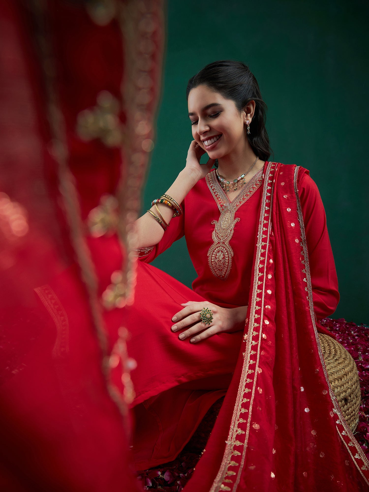 Indo Era Red Embroidered Straight Kurta Trousers With Dupatta set | Grocsy