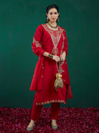 Indo Era Red Embroidered Straight Kurta Trousers With Dupatta set | Grocsy