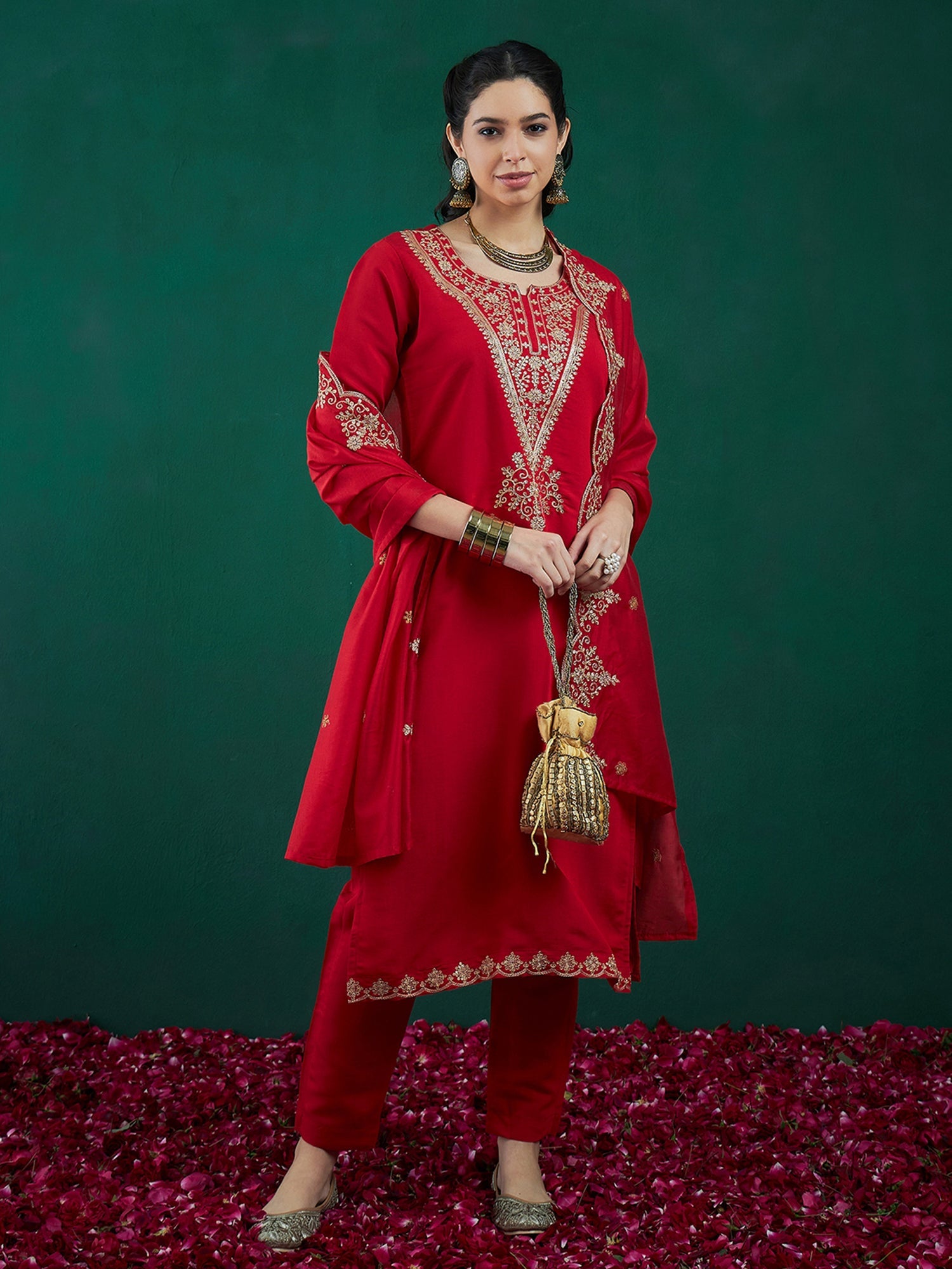 Indo Era Red Embroidered Straight Kurta Trousers With Dupatta set | Grocsy