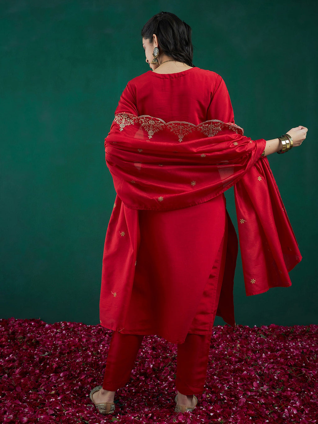 Indo Era Red Embroidered Straight Kurta Trousers With Dupatta set | Grocsy