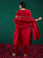 Indo Era Red Embroidered Straight Kurta Trousers With Dupatta set | Grocsy