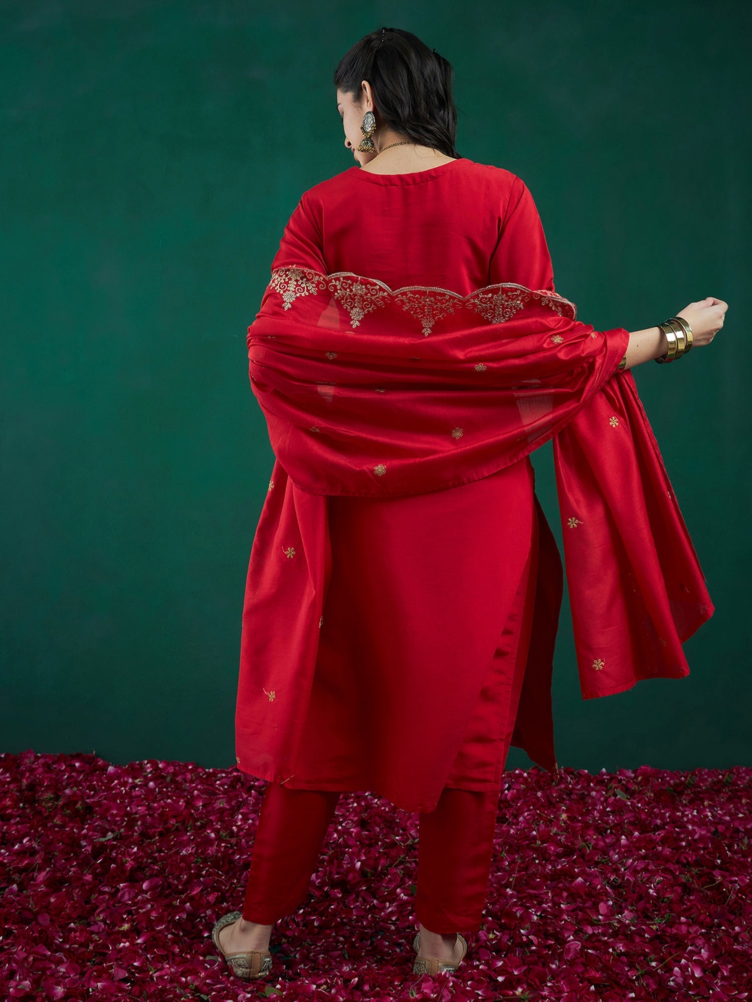 Indo Era Red Embroidered Straight Kurta Trousers With Dupatta set | Grocsy