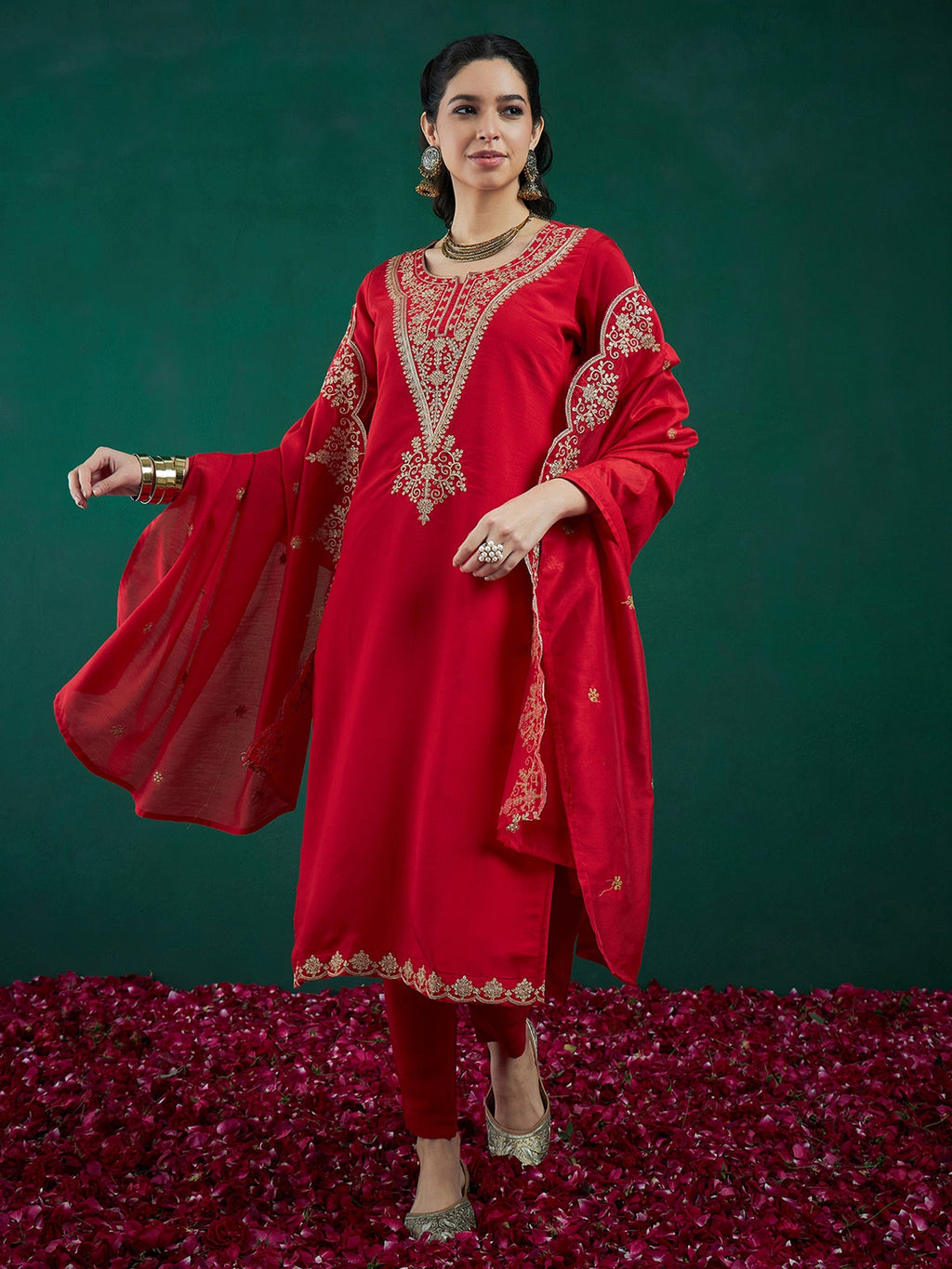 Indo Era Red Embroidered Straight Kurta Trousers With Dupatta set | Grocsy