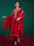 Indo Era Red Embroidered Straight Kurta Trousers With Dupatta set | Grocsy