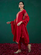 Indo Era Red Embroidered Straight Kurta Trousers With Dupatta set | Grocsy