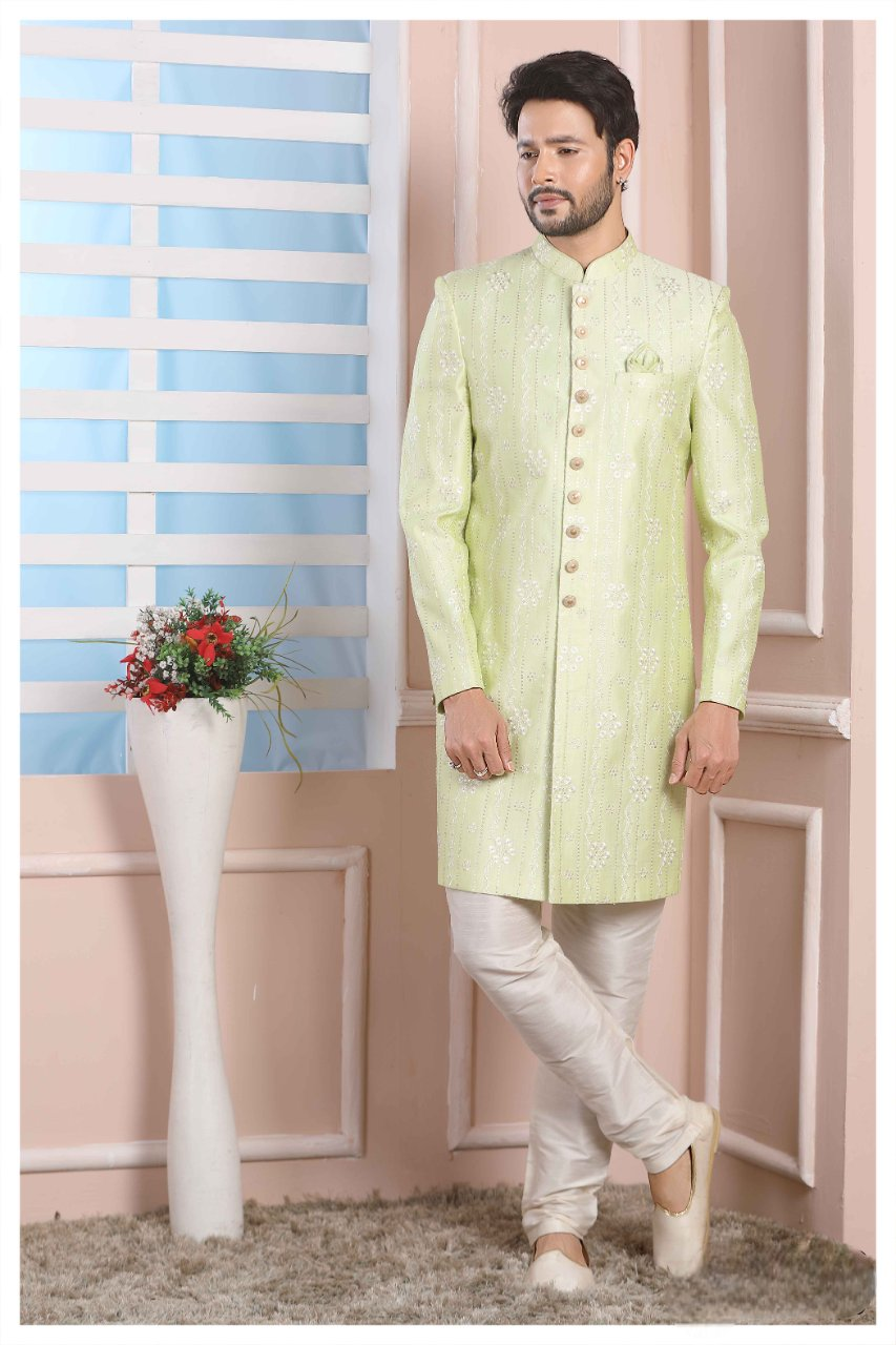 Raivat Ethnic Art Silk Thread Work Indo Western In Pista Green Colour | Grocsy