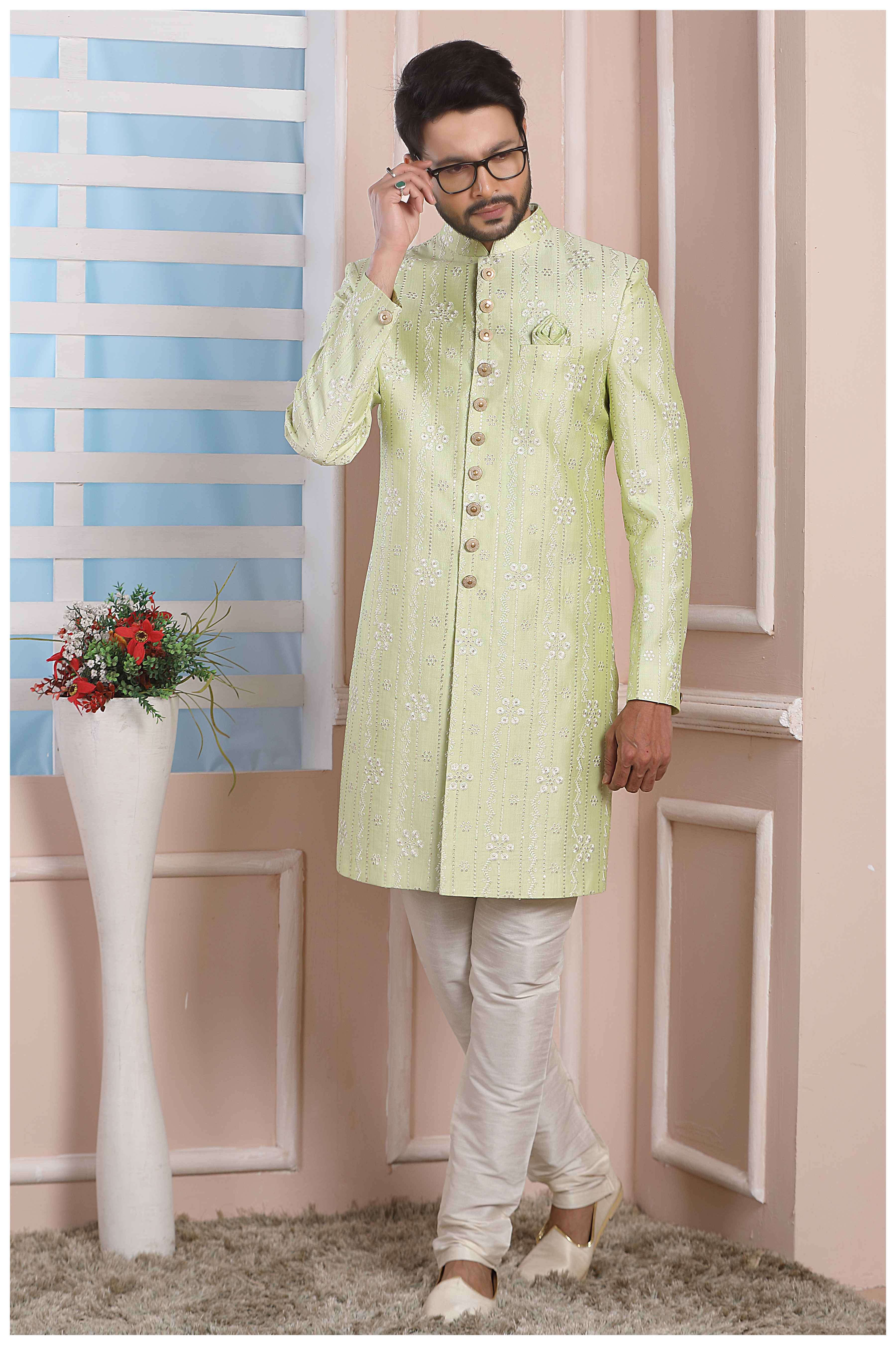 Raivat Ethnic Art Silk Thread Work Indo Western In Pista Green Colour | Grocsy