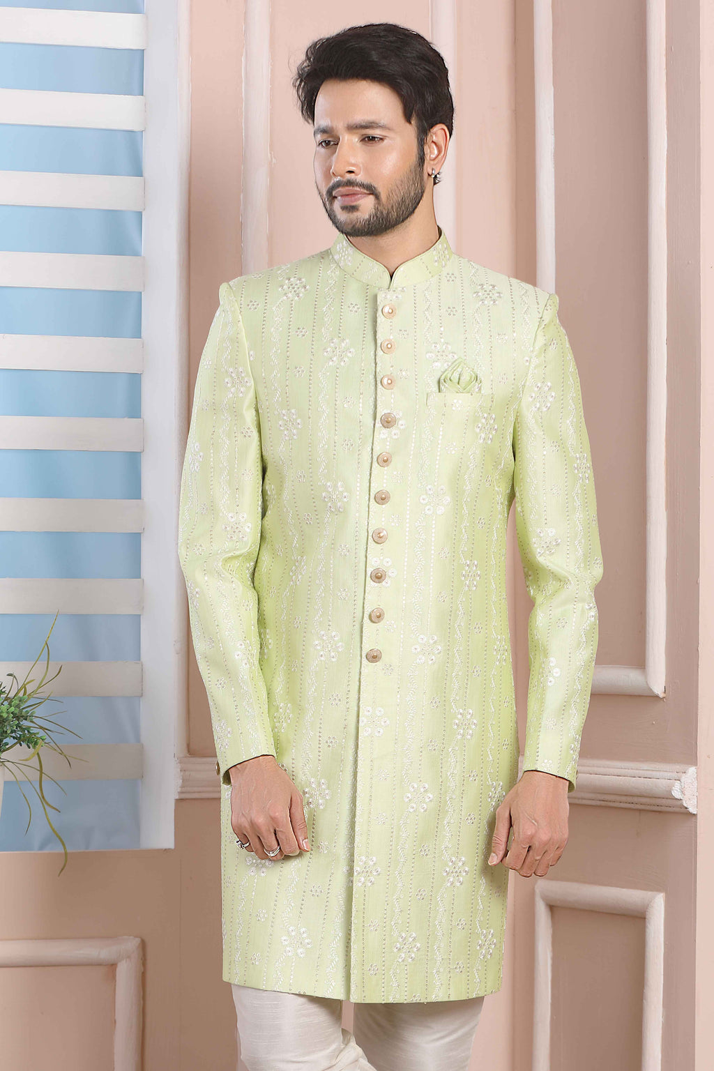 Raivat Ethnic Art Silk Thread Work Indo Western In Pista Green Colour | Grocsy