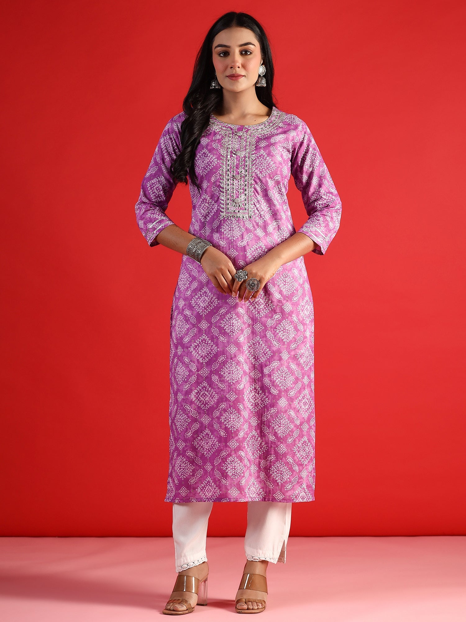Indo Era Lavender Printed Straight Kurta | Grocsy