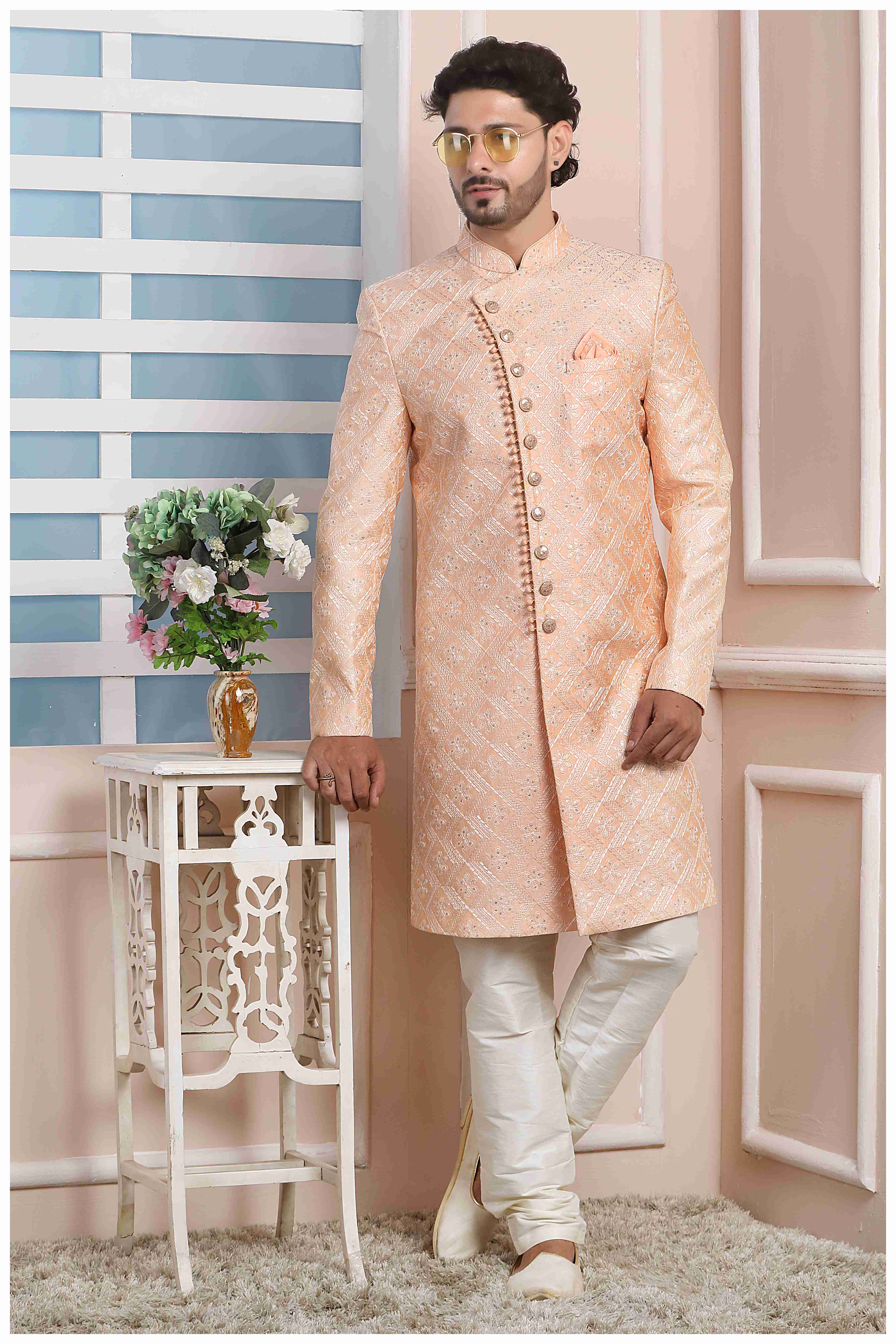 Raivat Ethnic Art Silk Thread Work Indo Western In Peach Colour | Grocsy