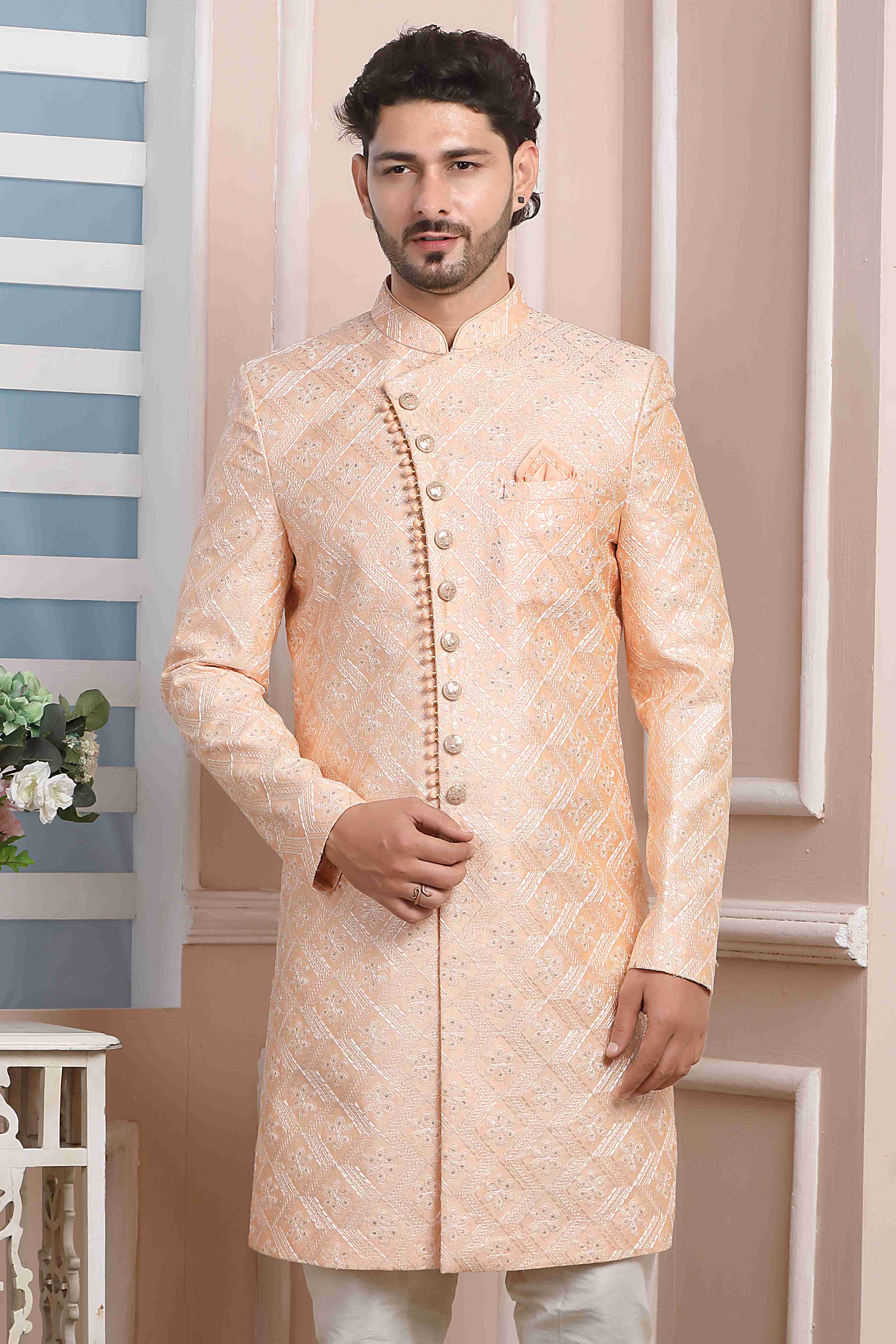 Raivat Ethnic Art Silk Thread Work Indo Western In Peach Colour | Grocsy