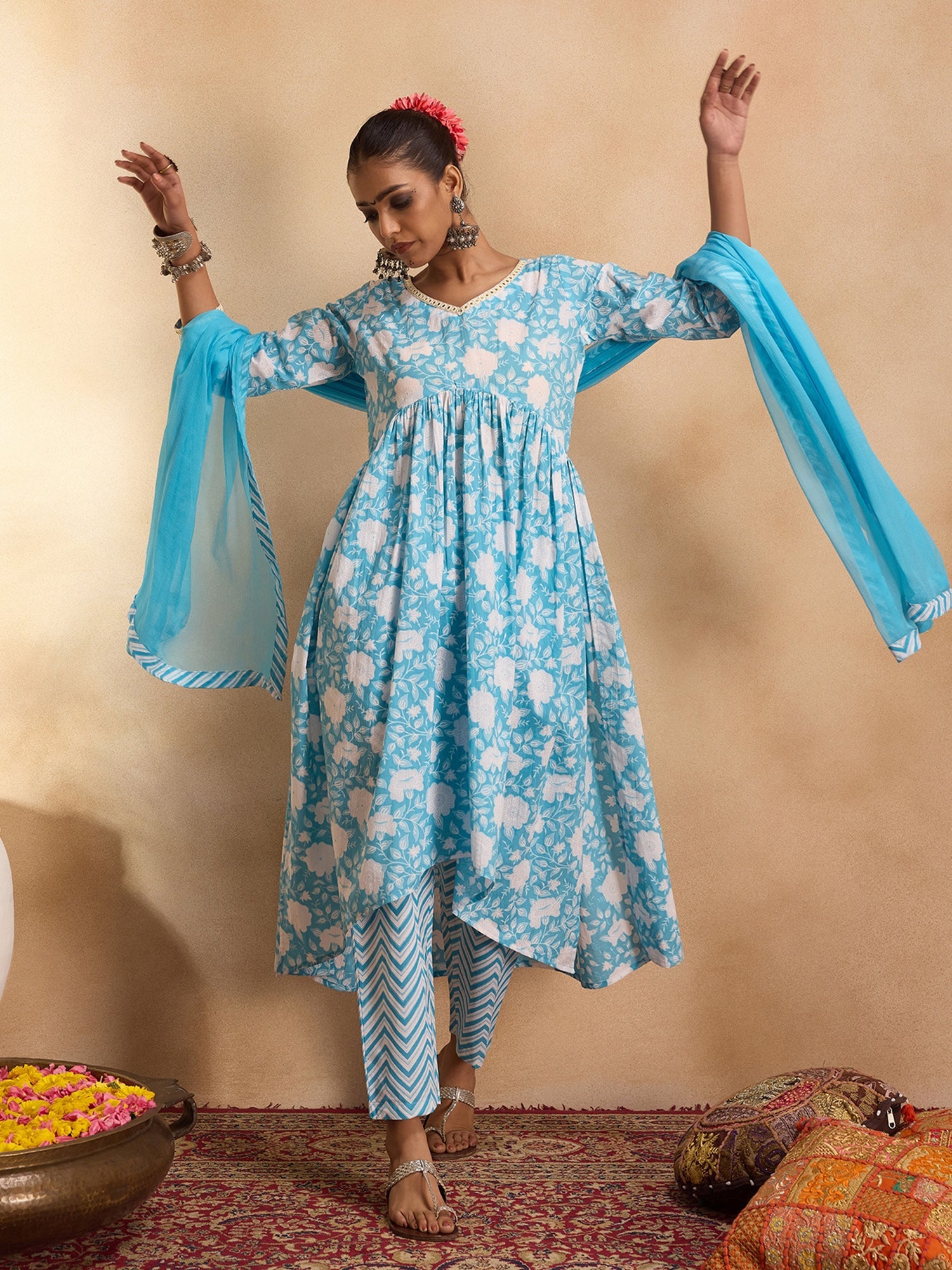 Indo Era Blue Printed A-Line Kurta Trousers With Dupatta set | Grocsy