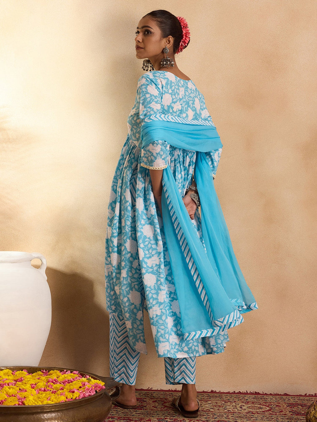 Indo Era Blue Printed A-Line Kurta Trousers With Dupatta set | Grocsy