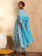 Indo Era Blue Printed A-Line Kurta Trousers With Dupatta set | Grocsy