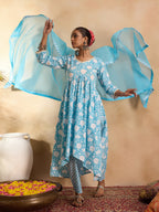 Indo Era Blue Printed A-Line Kurta Trousers With Dupatta set | Grocsy