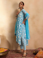 Indo Era Blue Printed A-Line Kurta Trousers With Dupatta set | Grocsy
