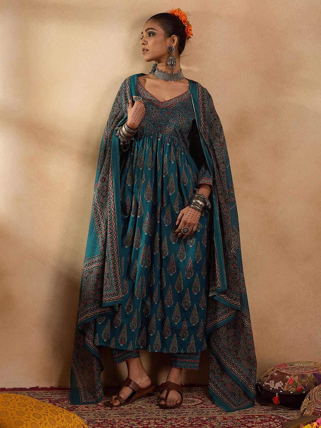 Indo Era Teal Printed A-Line Kurta Trousers With Dupatta set | Grocsy