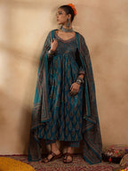 Indo Era Teal Printed A-Line Kurta Trousers With Dupatta set | Grocsy