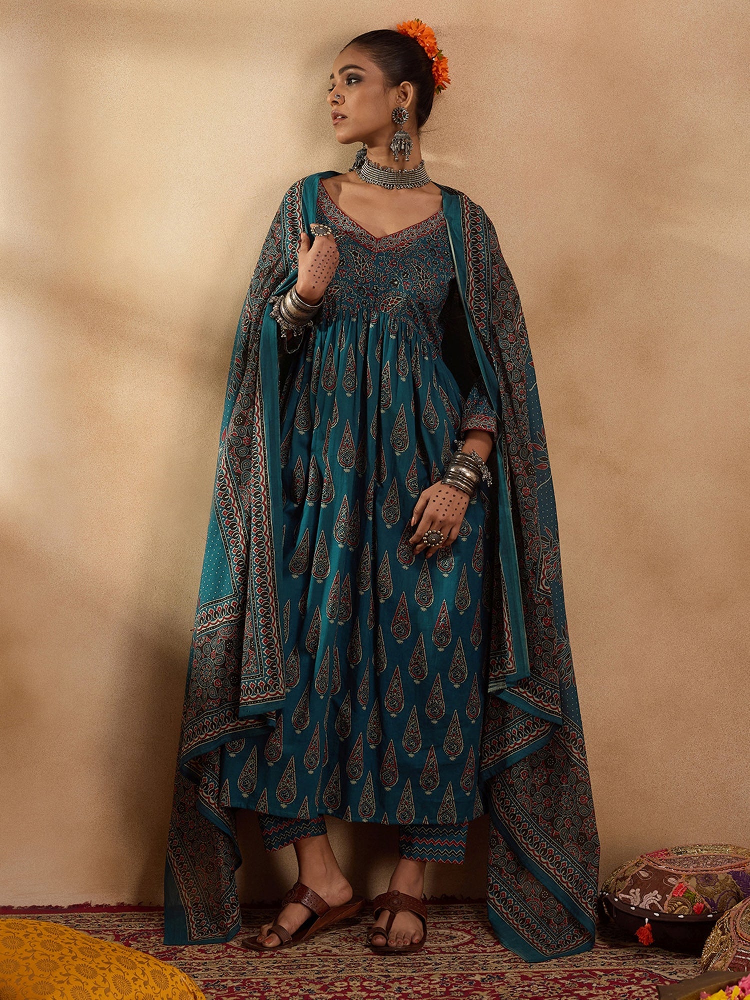 Indo Era Teal Printed A-Line Kurta Trousers With Dupatta set | Grocsy