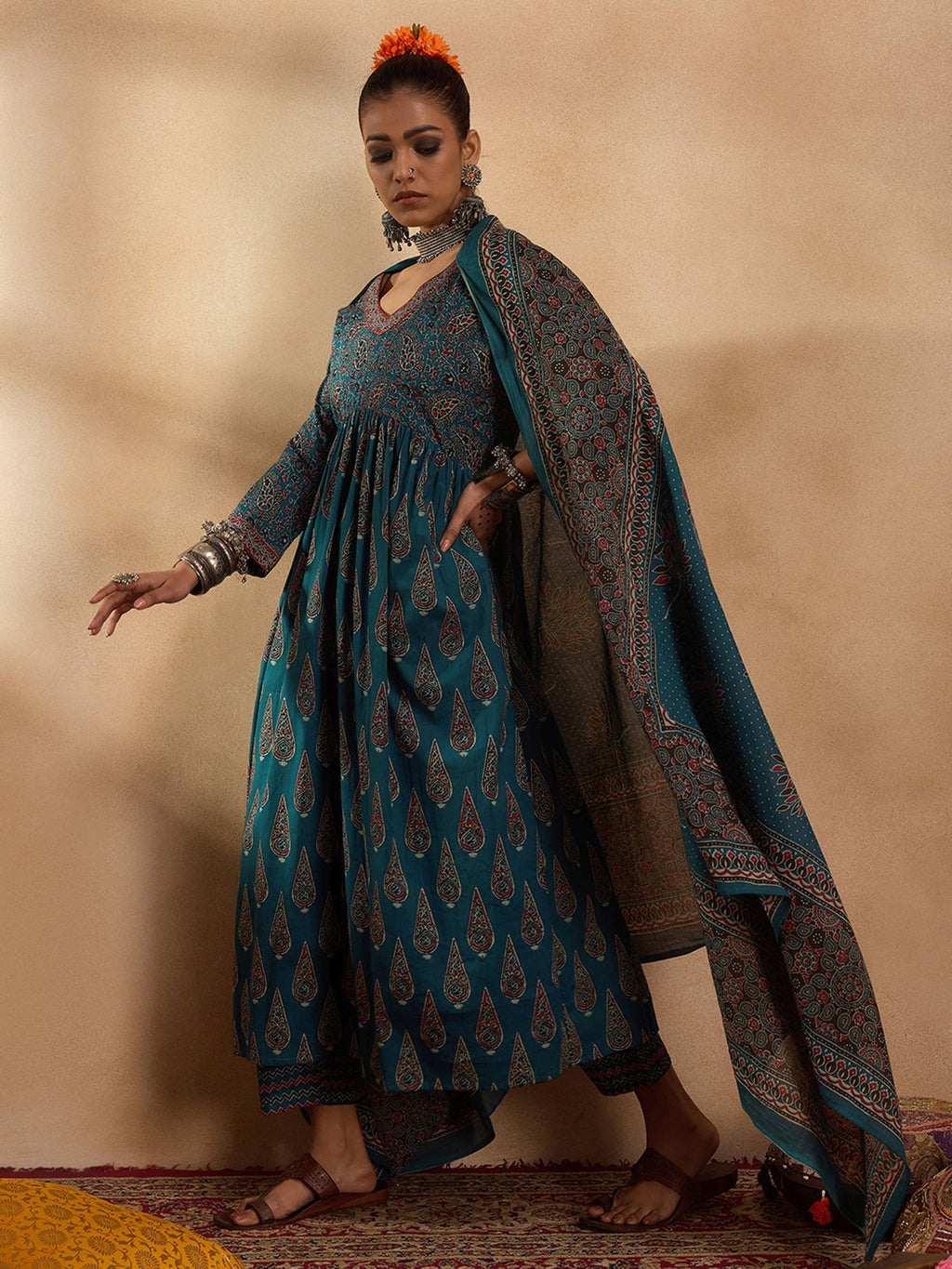 Indo Era Teal Printed A-Line Kurta Trousers With Dupatta set | Grocsy