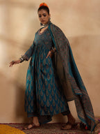 Indo Era Teal Printed A-Line Kurta Trousers With Dupatta set | Grocsy
