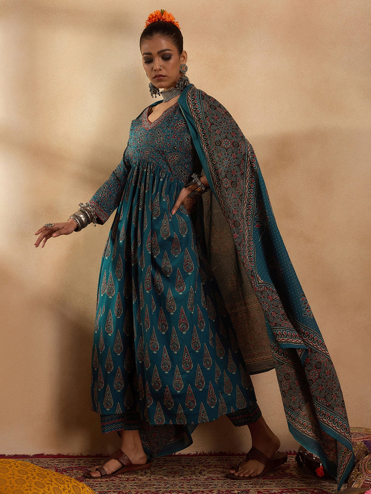 Indo Era Teal Printed A-Line Kurta Trousers With Dupatta set | Grocsy