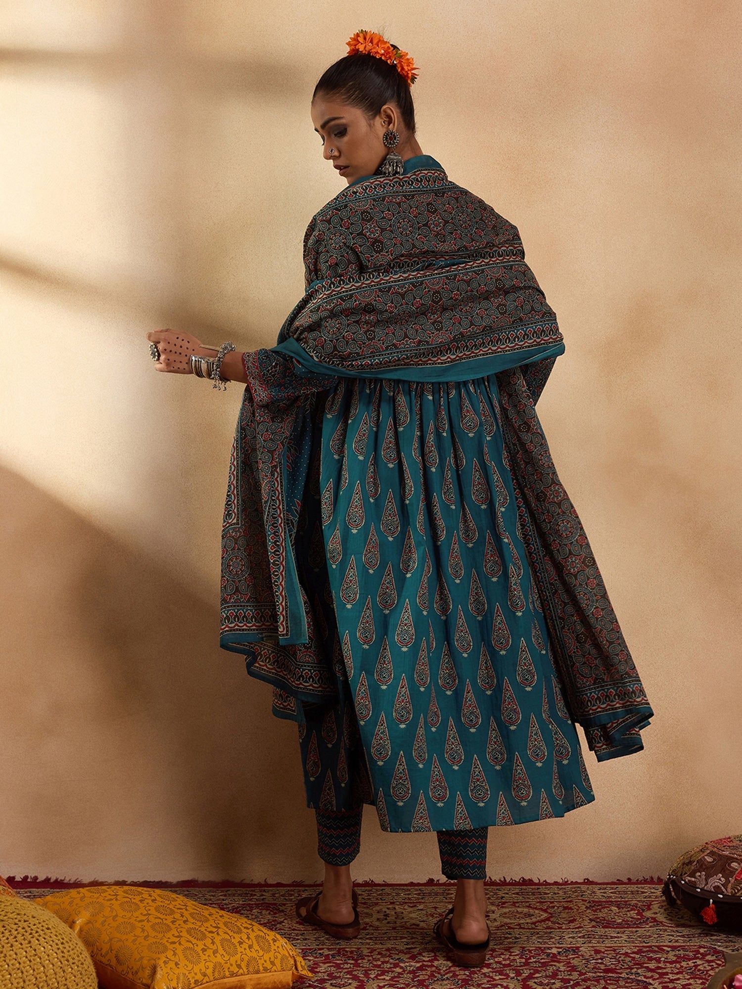Indo Era Teal Printed A-Line Kurta Trousers With Dupatta set | Grocsy
