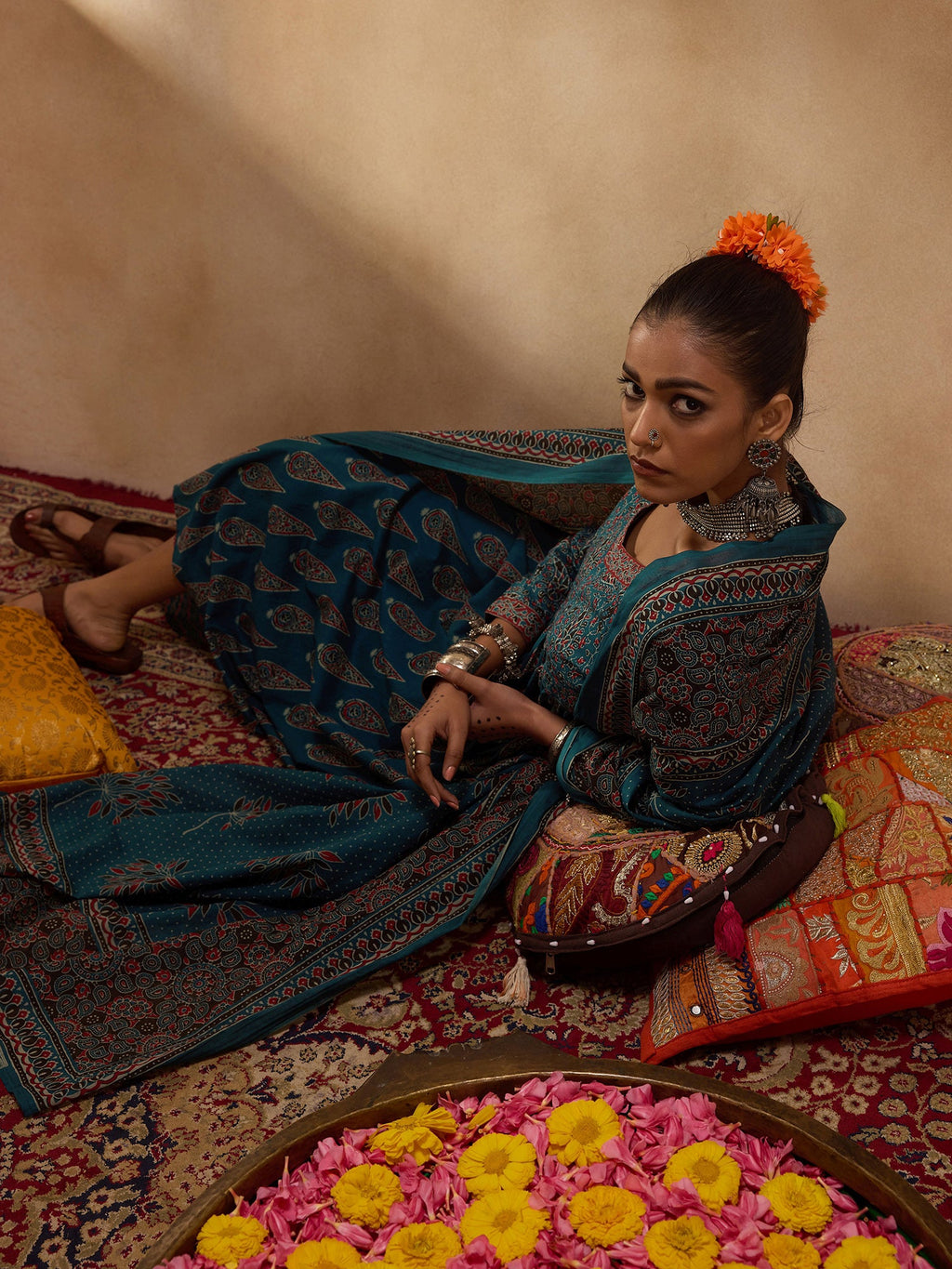 Indo Era Teal Printed A-Line Kurta Trousers With Dupatta set | Grocsy