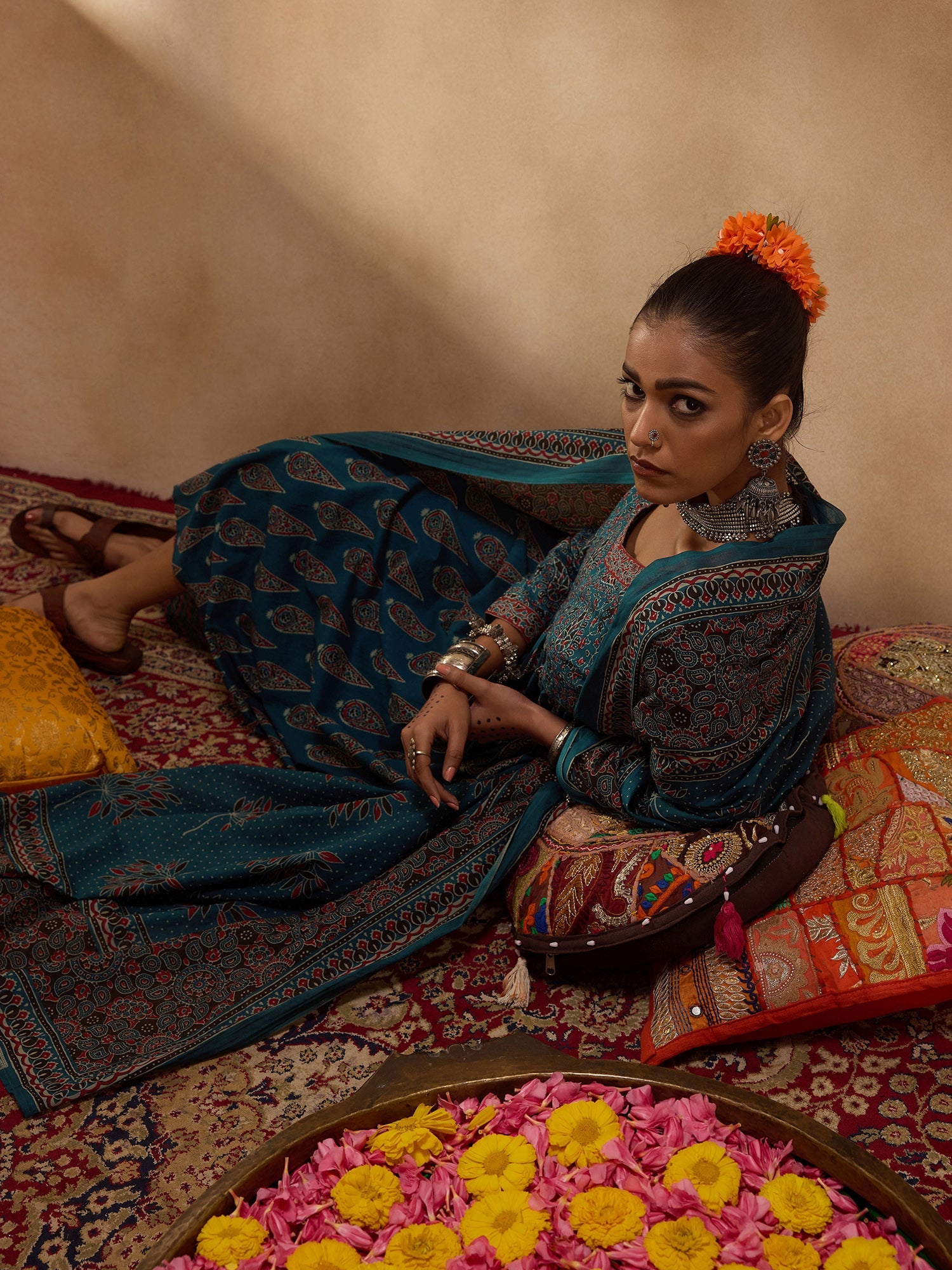 Indo Era Teal Printed A-Line Kurta Trousers With Dupatta set | Grocsy