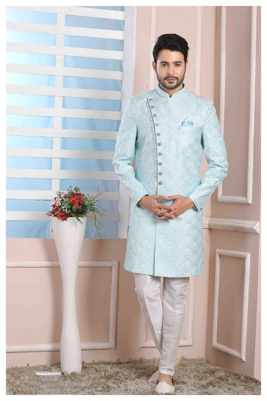 Raivat Ethnic Art Silk Thread Work Indo Western In Sky Blue Colour | Grocsy