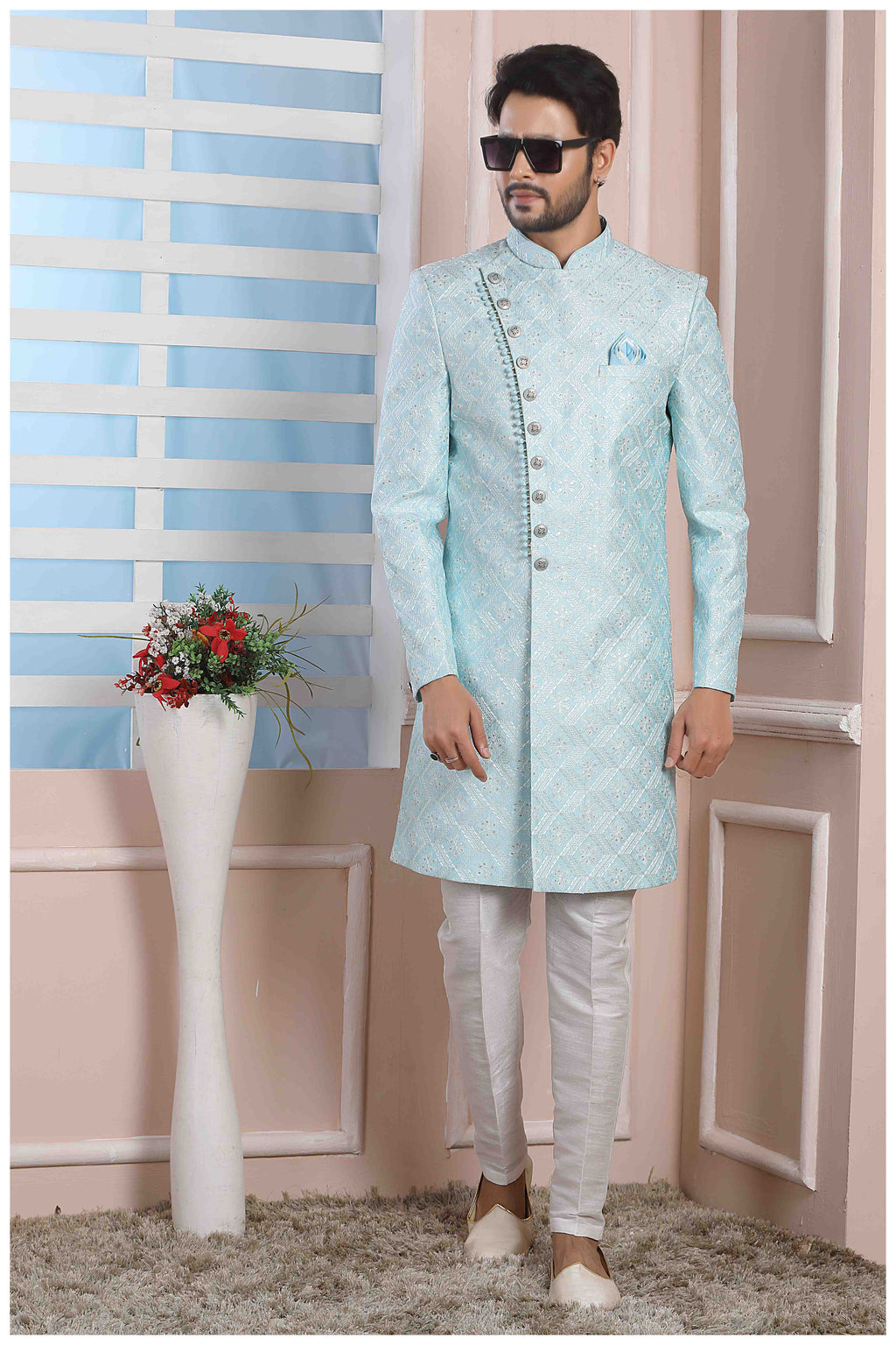Raivat Ethnic Art Silk Thread Work Indo Western In Sky Blue Colour | Grocsy