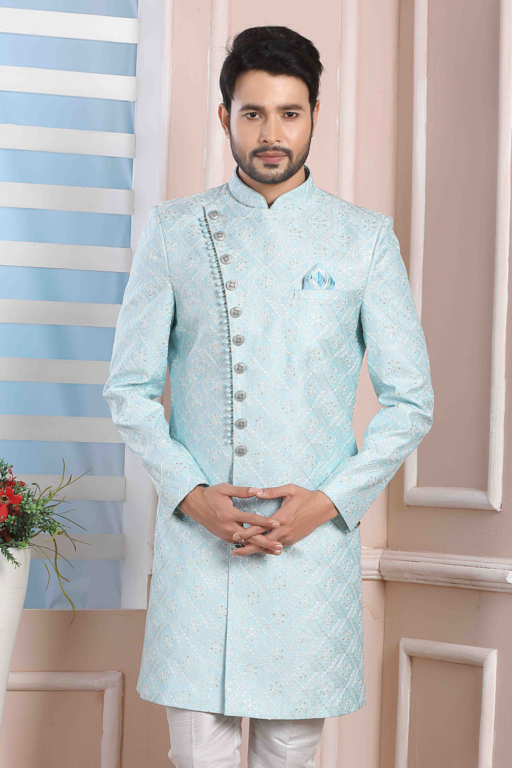 Raivat Ethnic Art Silk Thread Work Indo Western In Sky Blue Colour | Grocsy