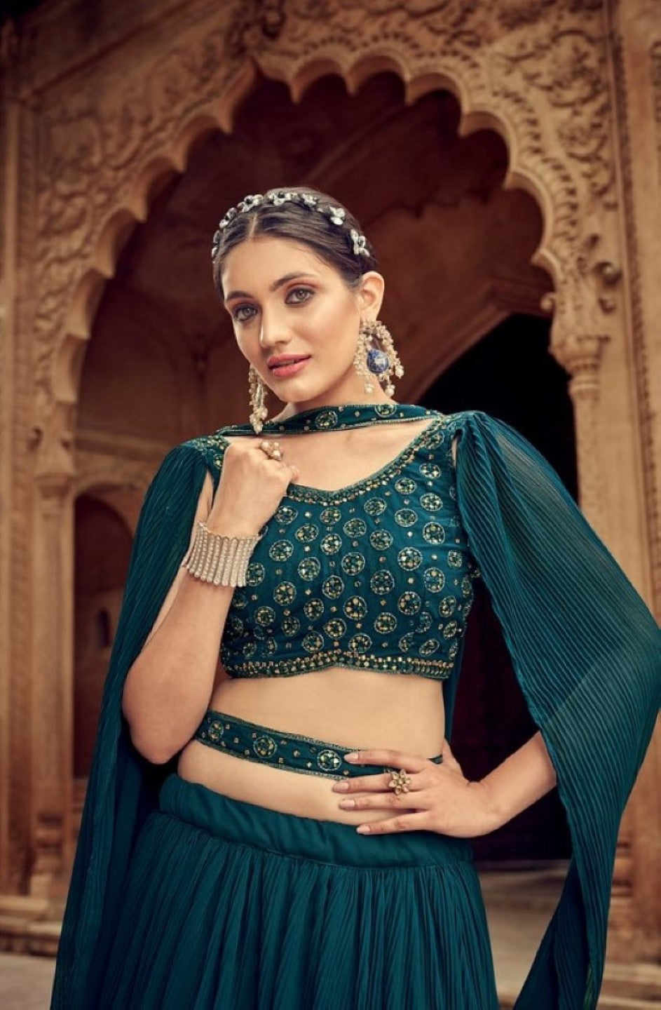 Anaita Teal Green Georgette Lehenga Choli With Hand Work | Grocsy