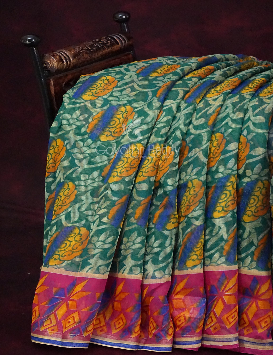 Rama Green Printed Semi Chanderi Saree By Gayathri Reddy Designer Studio | Grocsy