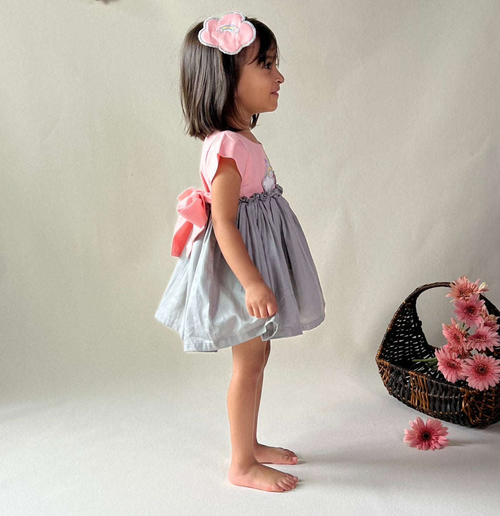 ArthLife Peach And Grey Unicorn Embroidered Dress | Grocsy
