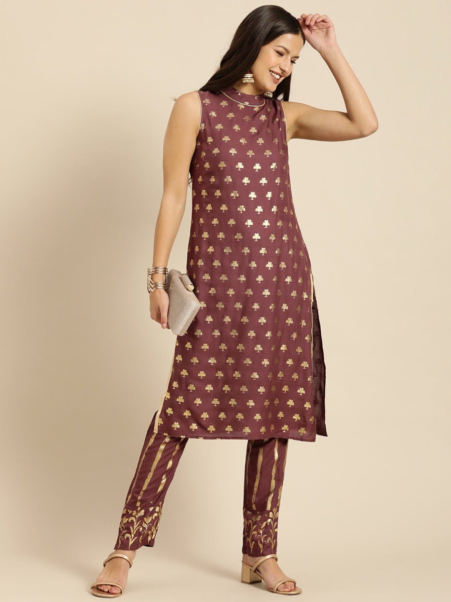 All About You Women Brown Ethnic Motifs Printed Pure Cotton Kurta with Trousers | Grocsy