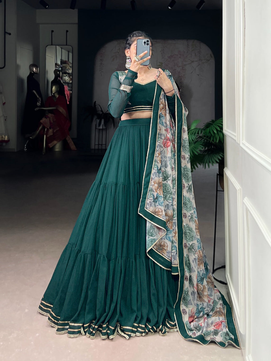 Lorenvalley Fashion Green Marble Lace Touch Up Lehenga Choli with Dupatta | Grocsy