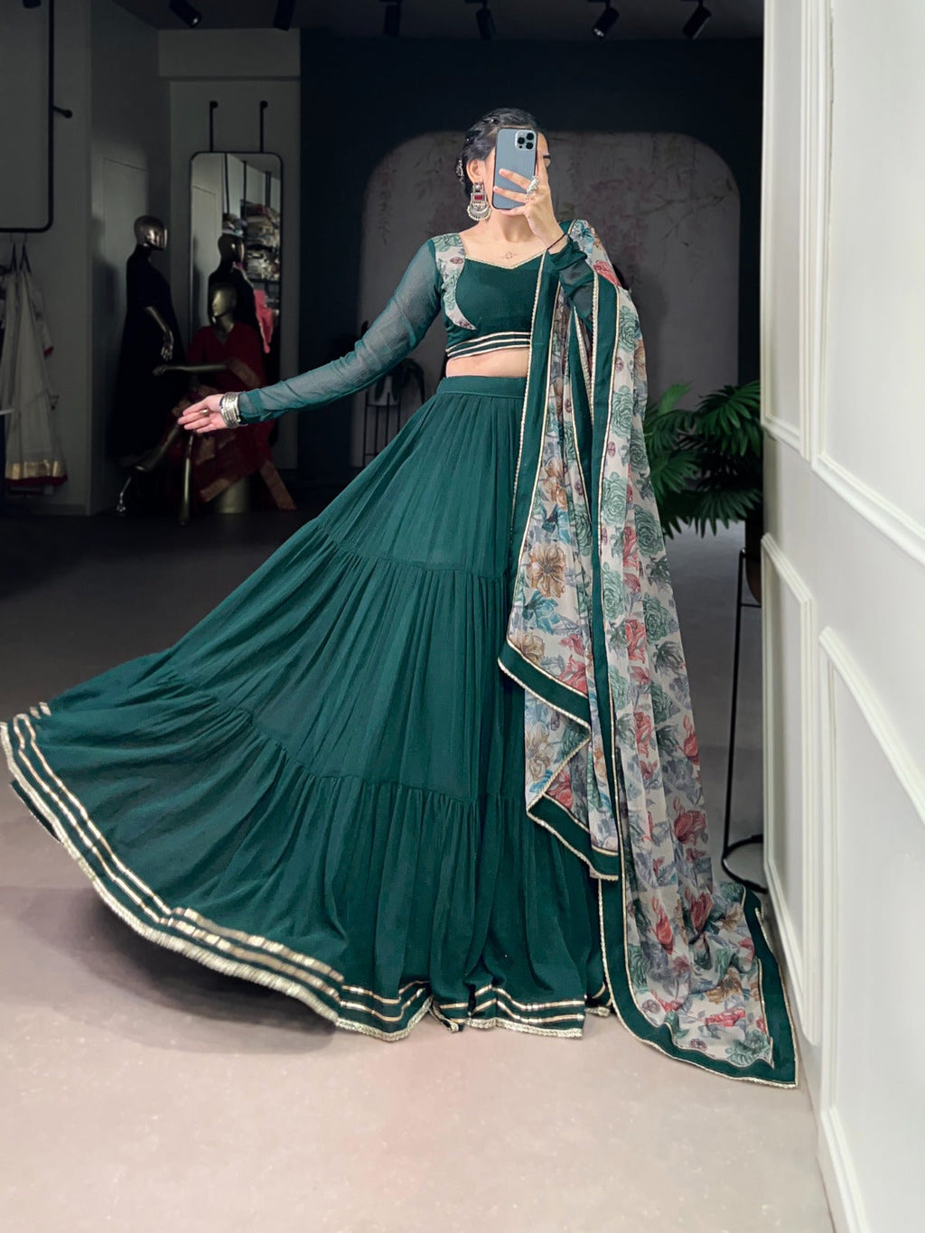 Lorenvalley Fashion Green Marble Lace Touch Up Lehenga Choli with Dupatta | Grocsy