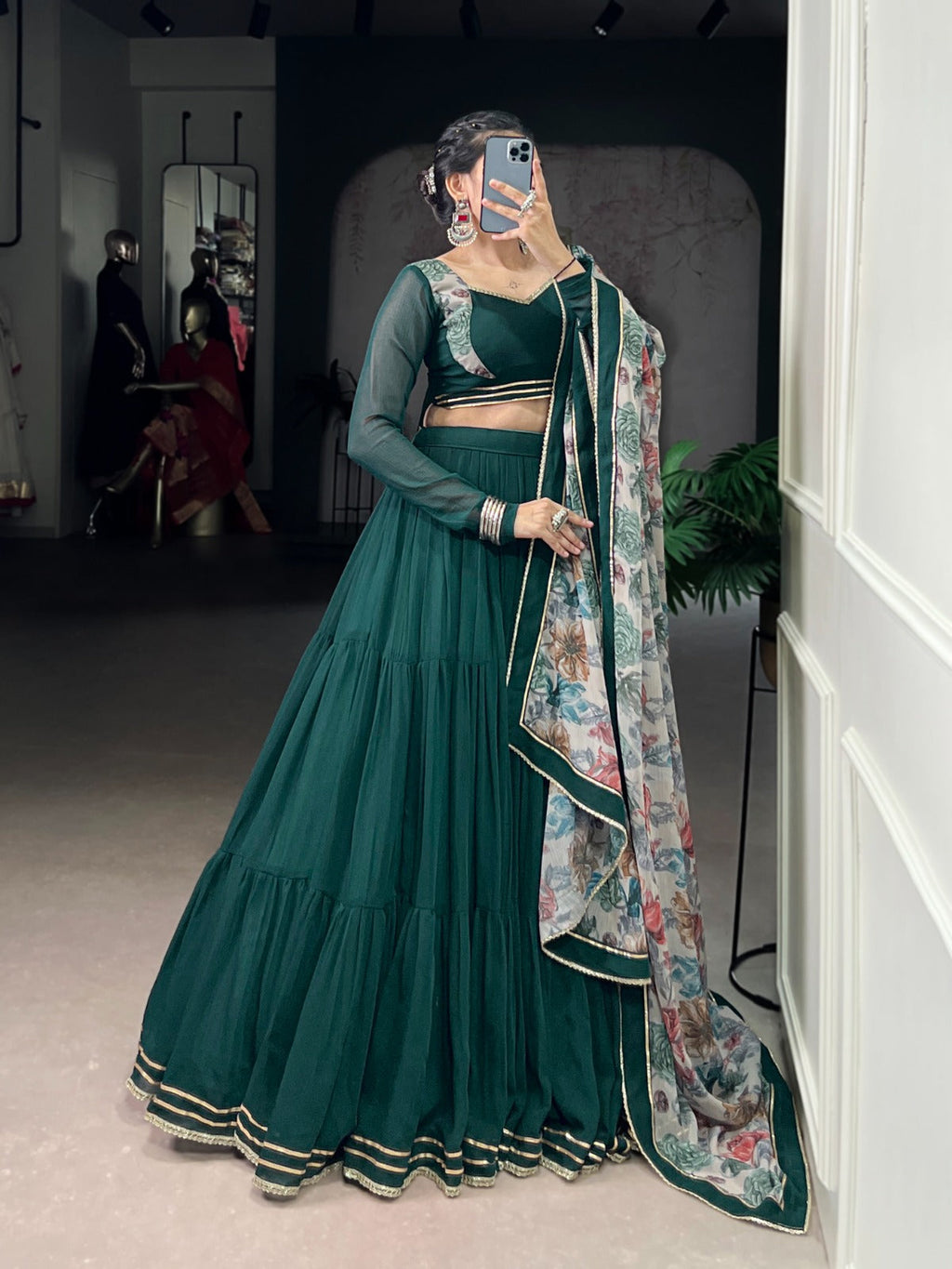 Lorenvalley Fashion Green Marble Lace Touch Up Lehenga Choli with Dupatta | Grocsy