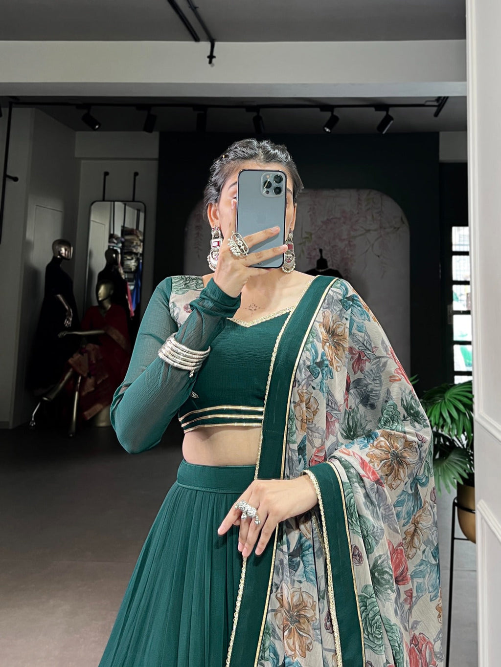 Lorenvalley Fashion Green Marble Lace Touch Up Lehenga Choli with Dupatta | Grocsy