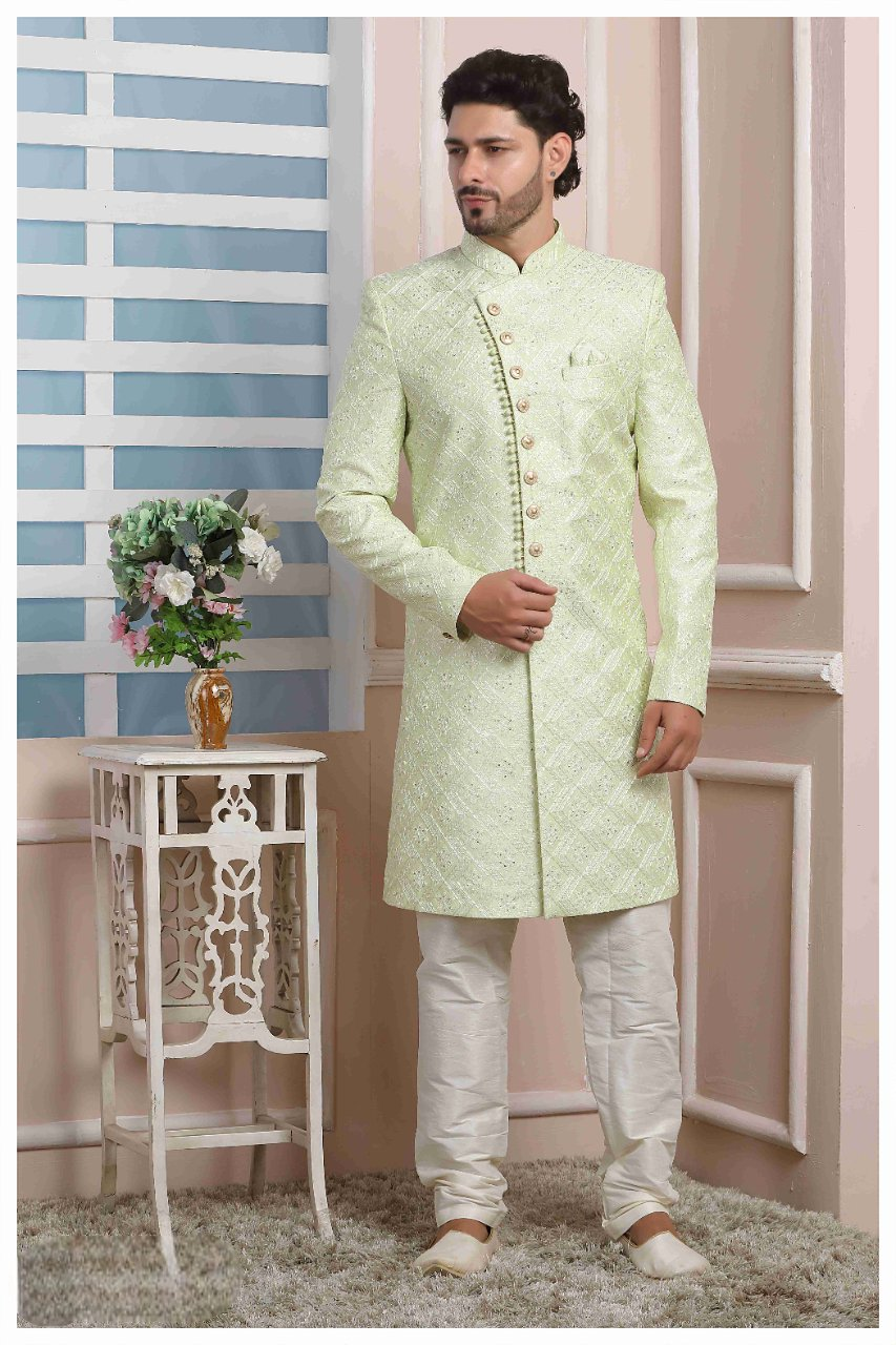 Raivat Ethnic Art Silk Thread Work Indo Western In Pista Green Colour | Grocsy