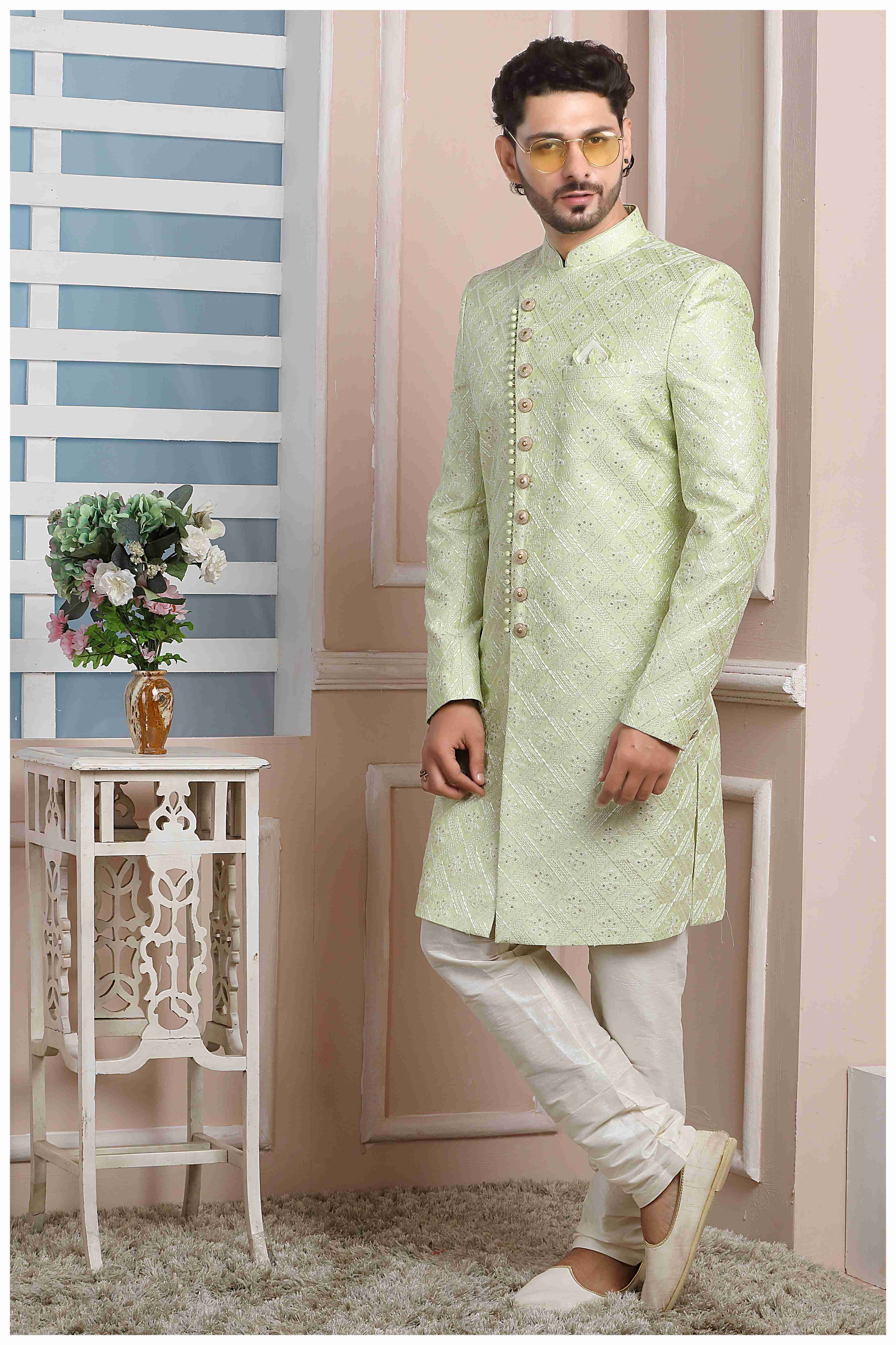 Raivat Ethnic Art Silk Thread Work Indo Western In Pista Green Colour | Grocsy