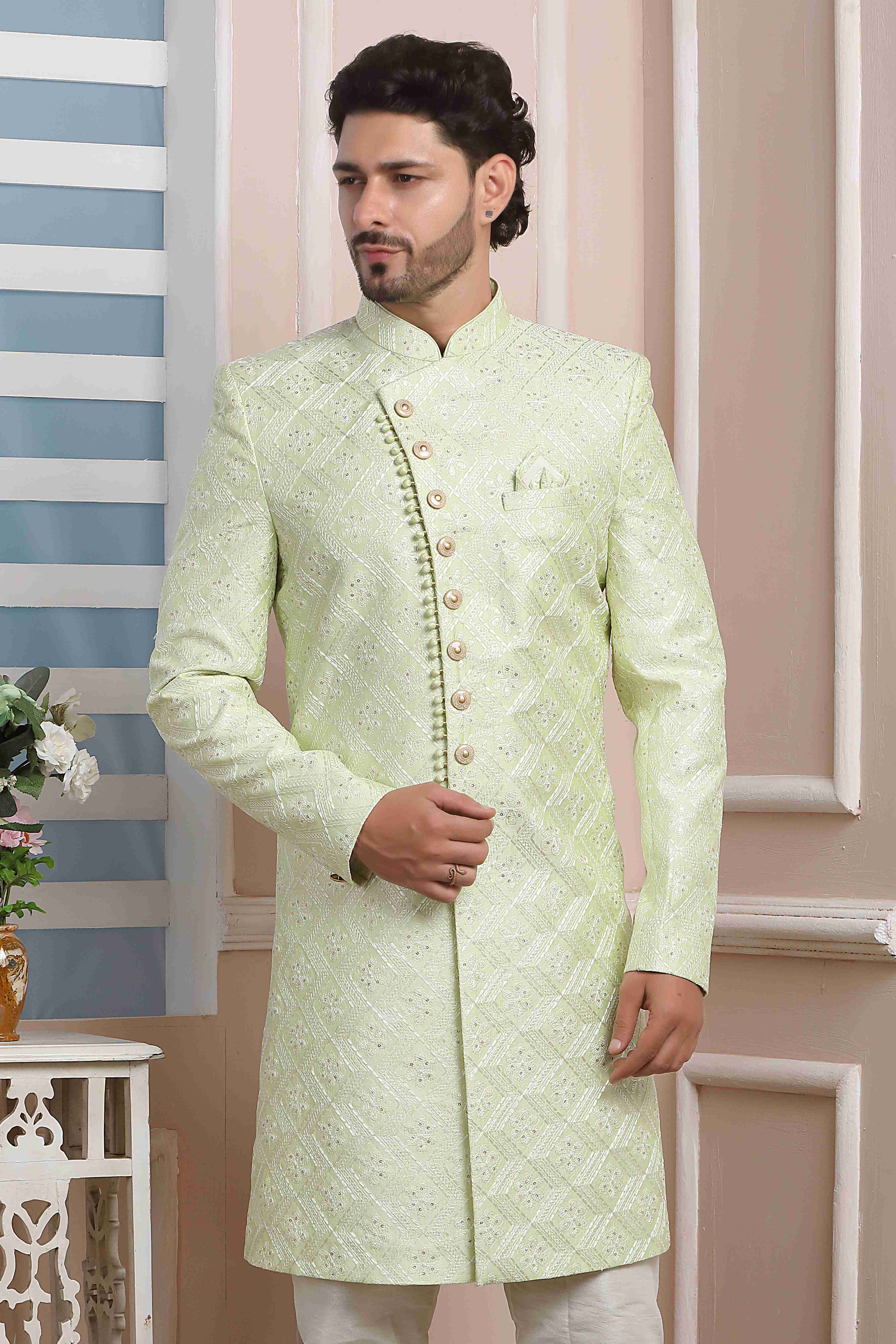 Raivat Ethnic Art Silk Thread Work Indo Western In Pista Green Colour | Grocsy