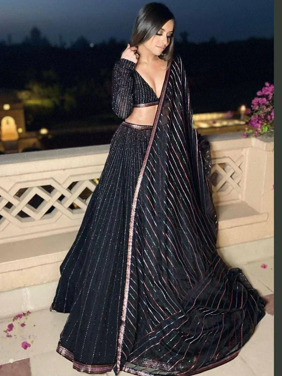 Tulsi Art Black Multi Sequins Georgette Party Wear Lehenga Choli | Grocsy