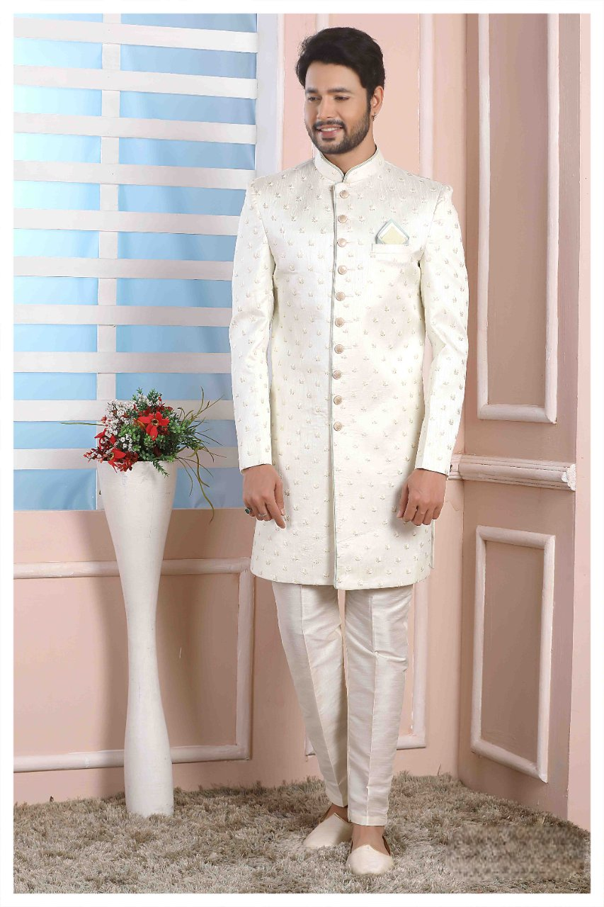 Raivat Ethnic Art Silk Thread Work Indo Western In Cream Colour | Grocsy