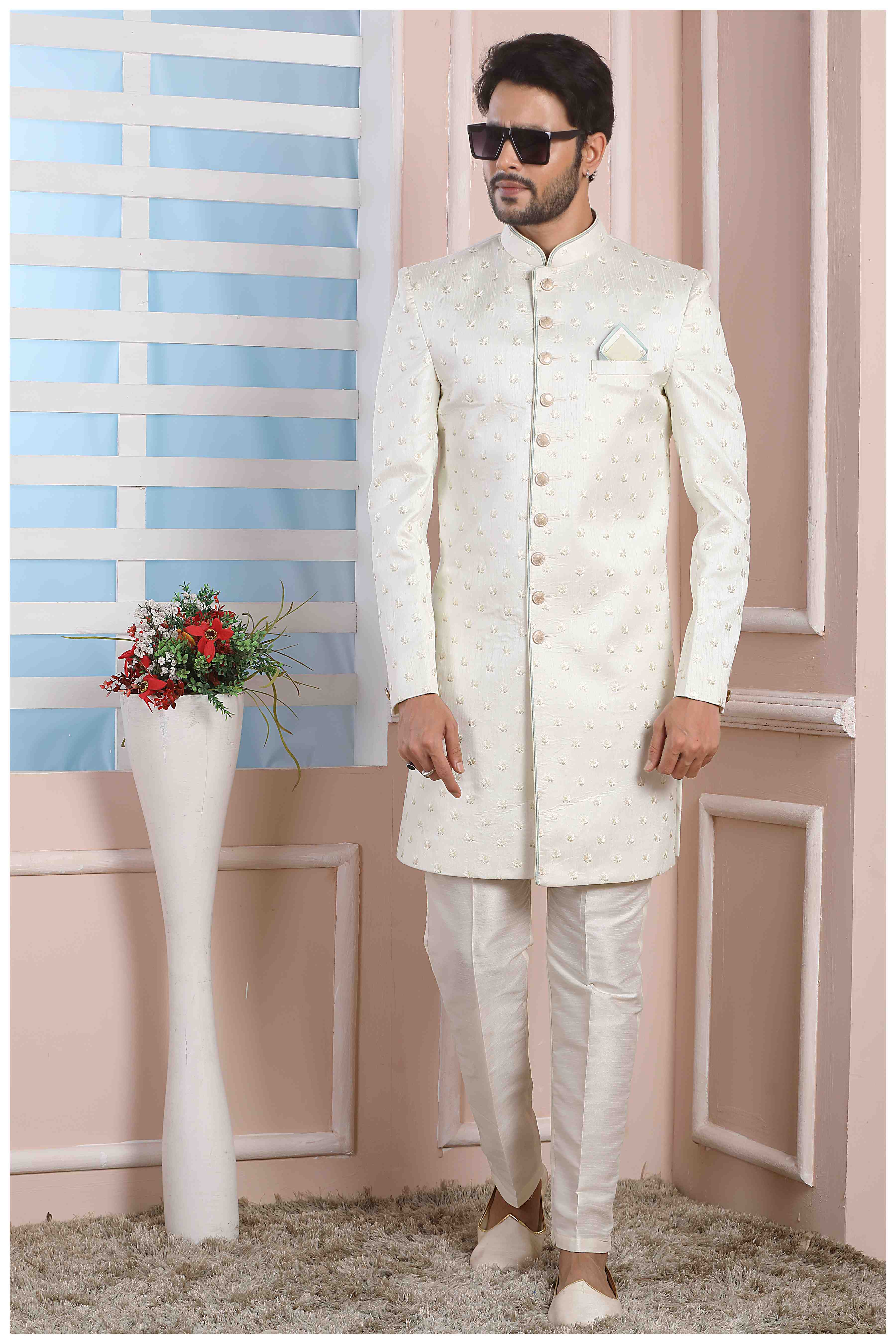 Raivat Ethnic Art Silk Thread Work Indo Western In Cream Colour | Grocsy