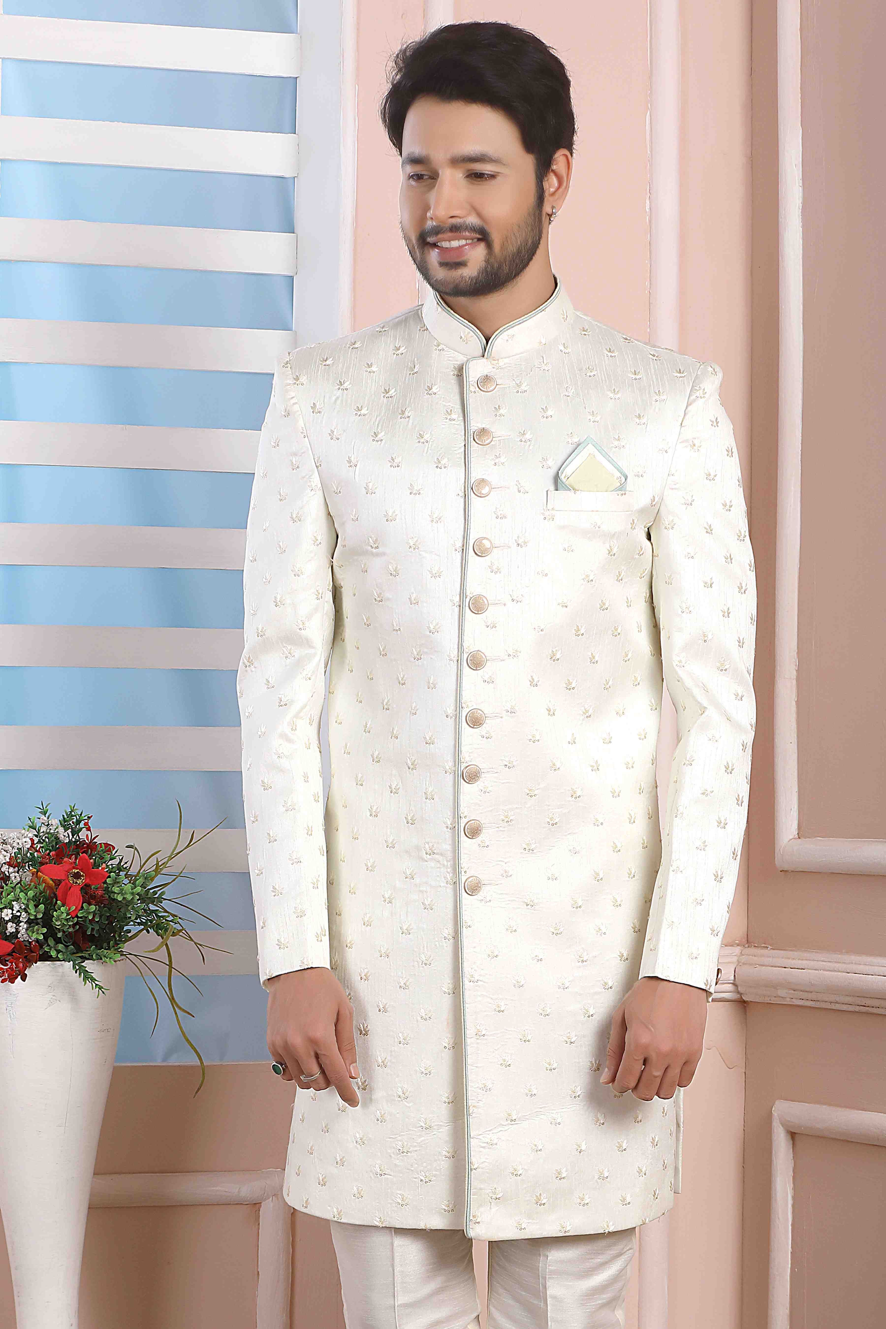 Raivat Ethnic Art Silk Thread Work Indo Western In Cream Colour | Grocsy