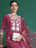 Indo Era Pink Embroidered Straight Kurta Trousers With Dupatta set | Grocsy