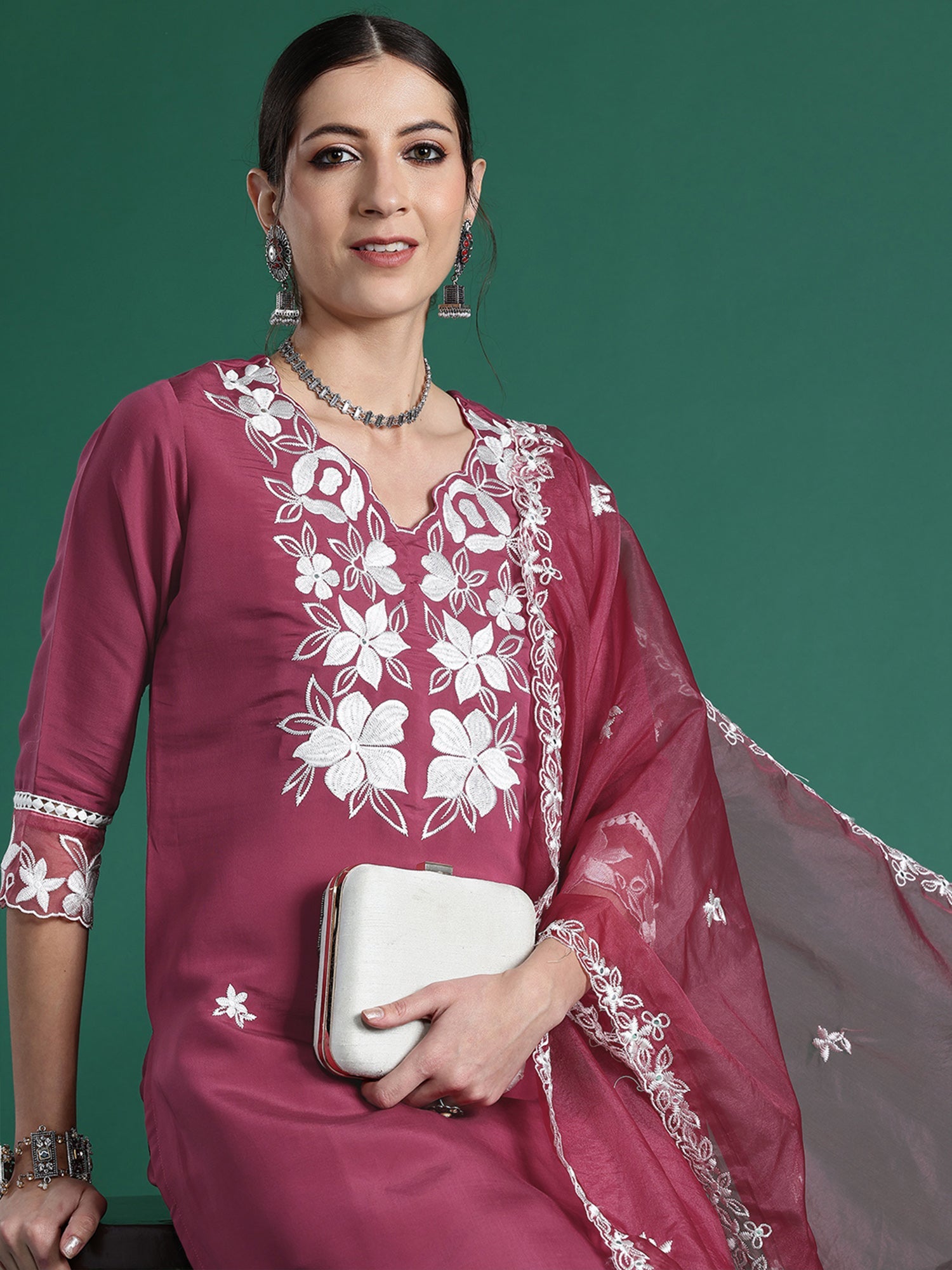 Indo Era Pink Embroidered Straight Kurta Trousers With Dupatta set | Grocsy