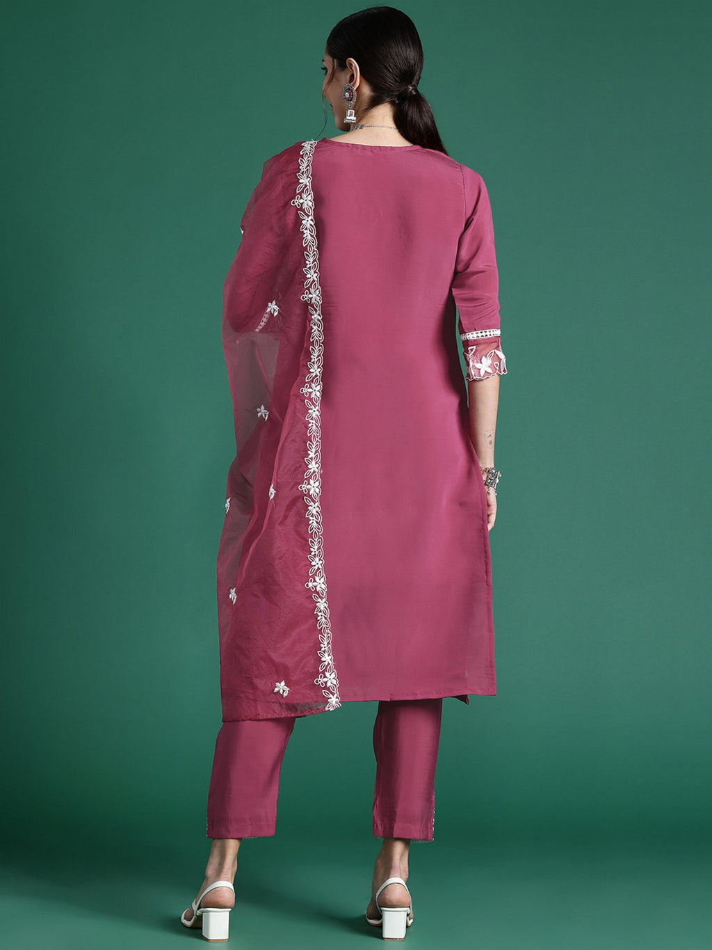 Indo Era Pink Embroidered Straight Kurta Trousers With Dupatta set | Grocsy